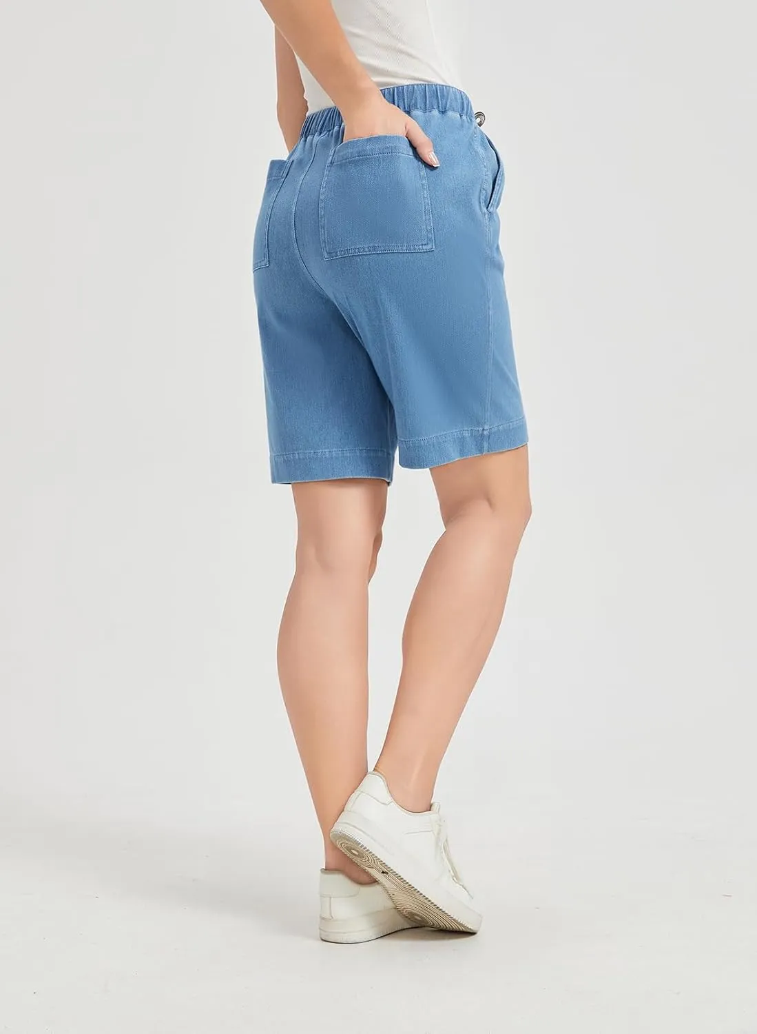 KYAL Bermuda Jean Shorts for Women High Waisted Elastic Waistband Denim Shorts Casual Summer Jean Shorts with Pockets