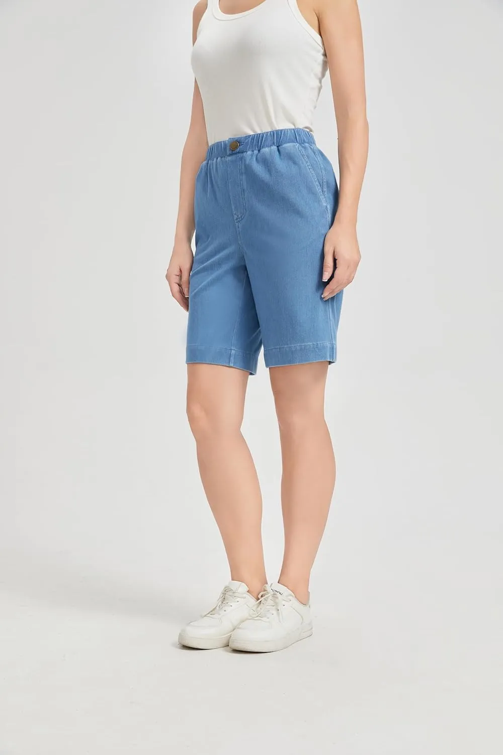 KYAL Bermuda Jean Shorts for Women High Waisted Elastic Waistband Denim Shorts Casual Summer Jean Shorts with Pockets
