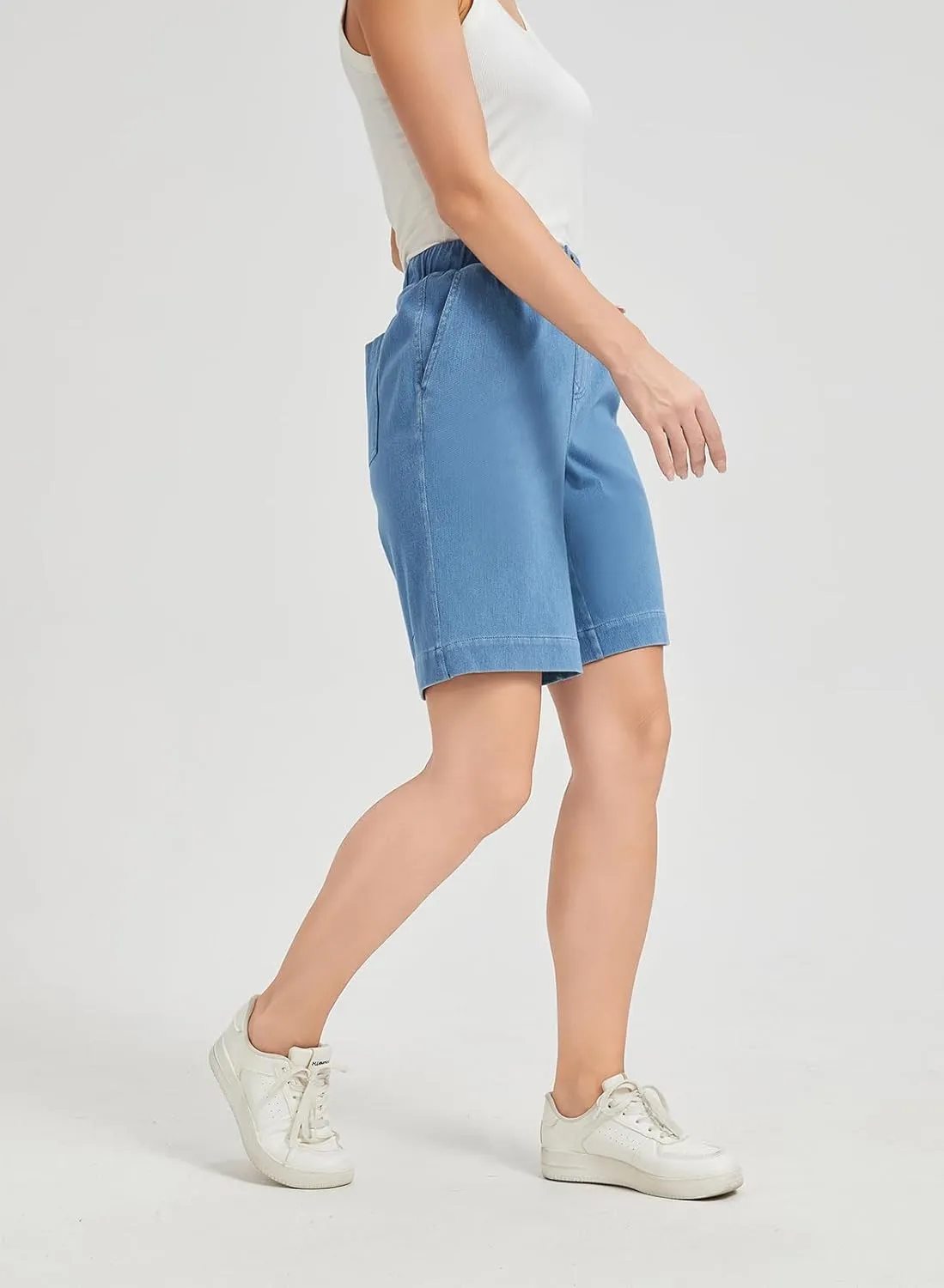 KYAL Bermuda Jean Shorts for Women High Waisted Elastic Waistband Denim Shorts Casual Summer Jean Shorts with Pockets
