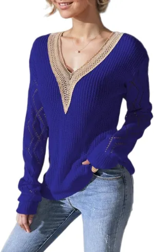 Lace V Neck Sweaters for Women Long Sleeve Cable Knit Pullover Sweater Lightweight Crochet Boho Fall Dressy Sweaters
