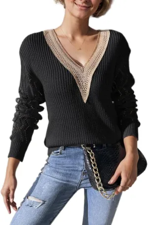 Lace V Neck Sweaters for Women Long Sleeve Cable Knit Pullover Sweater Lightweight Crochet Boho Fall Dressy Sweaters