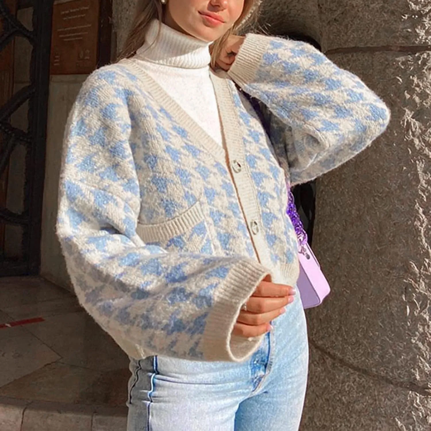 Ladies Casual Print Button Down Pocket Long Sleeve Short Loose Knit Cardigan Oversize All up Wrap Sweater