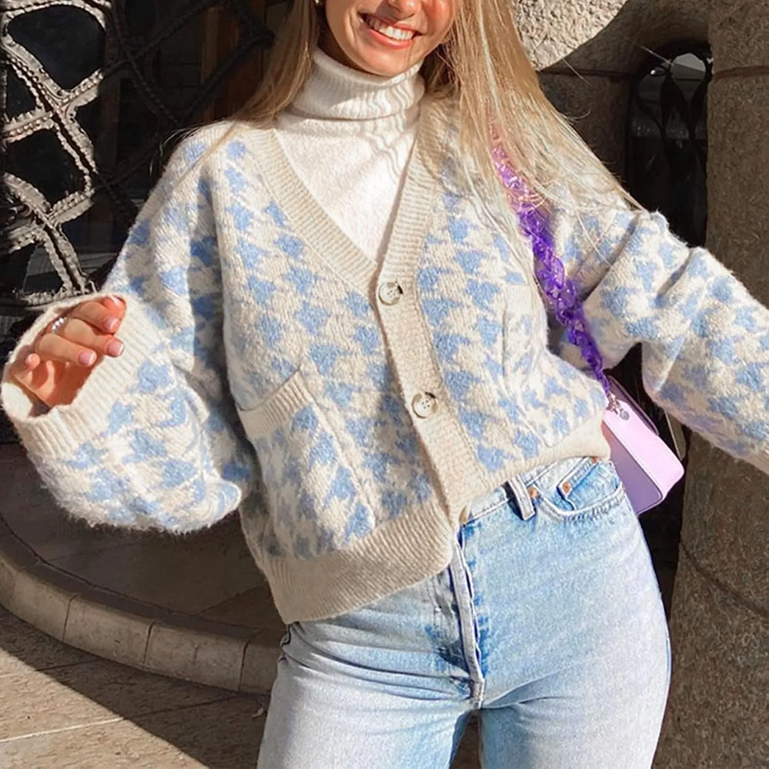 Ladies Casual Print Button Down Pocket Long Sleeve Short Loose Knit Cardigan Oversize All up Wrap Sweater