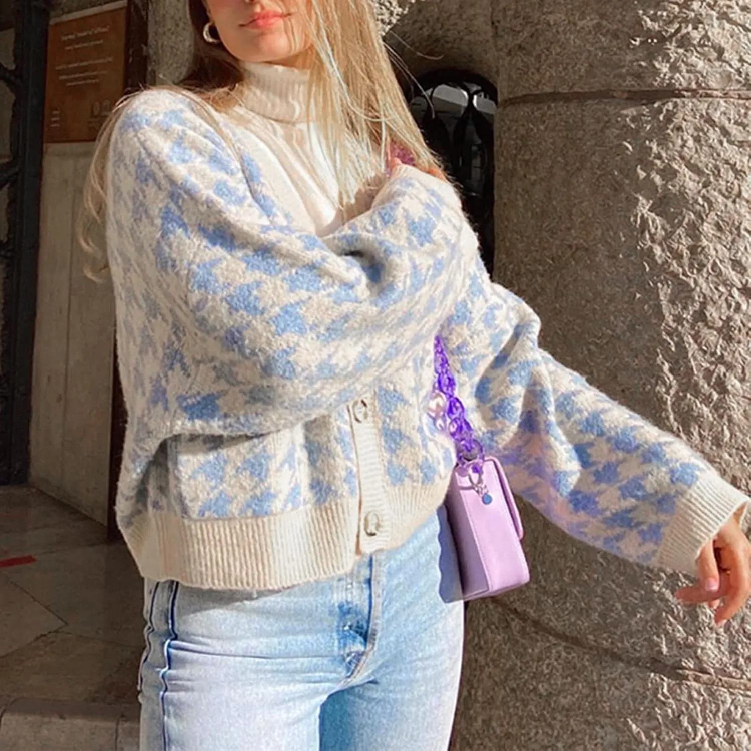 Ladies Casual Print Button Down Pocket Long Sleeve Short Loose Knit Cardigan Oversize All up Wrap Sweater