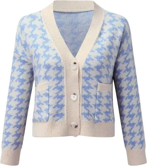 Ladies Casual Print Button Down Pocket Long Sleeve Short Loose Knit Cardigan Oversize All up Wrap Sweater