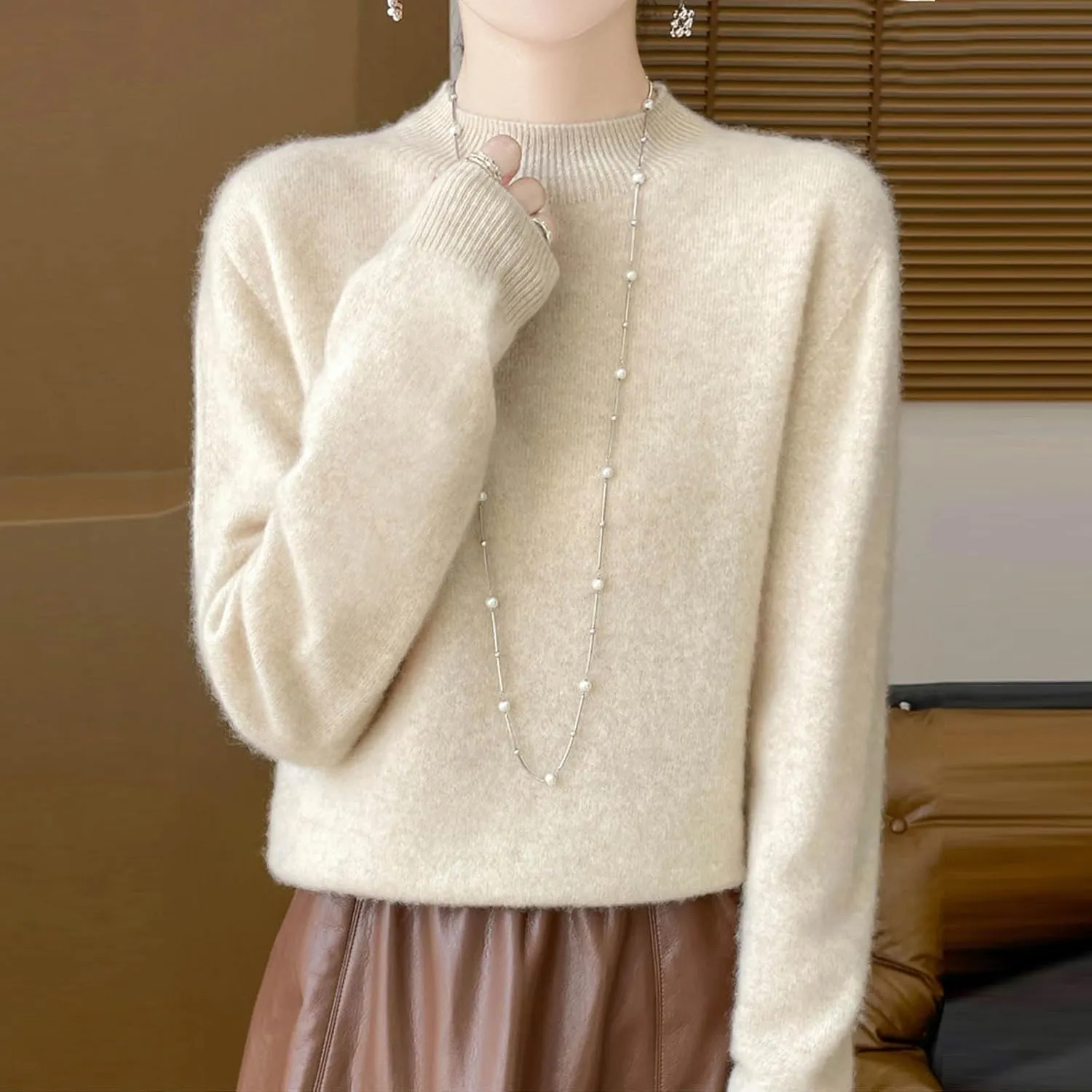 Ladies Solid Color Cashmere Sweaters Casual Fashion Turtleneck Pullover Sweaters Long Sleeve Knitted Base Sweater
