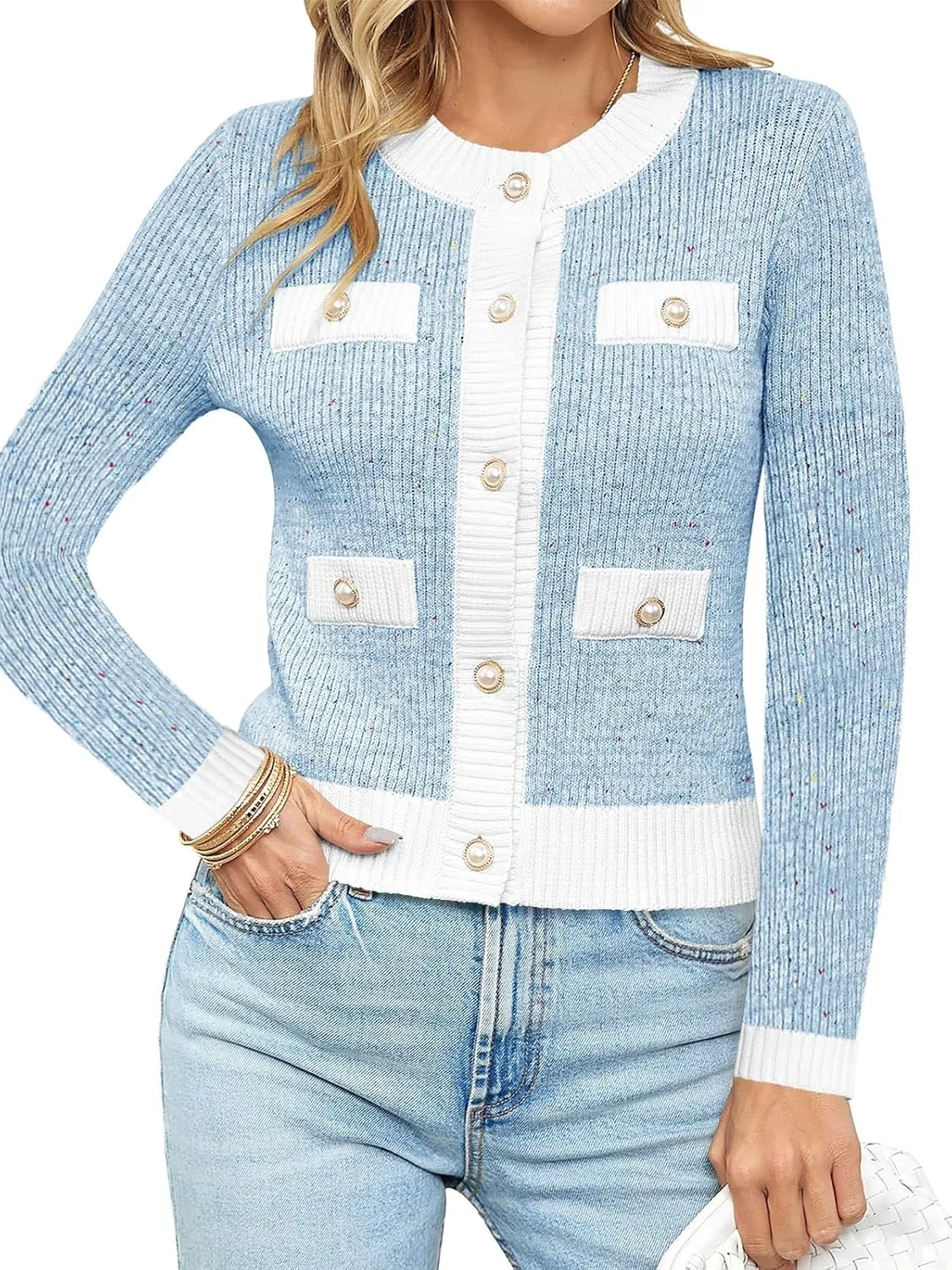 Langwyqu Womens Long Sleeve Button Down Cardigan Sweaters Cropped Open Front Tweed Jacket Fall Elegant Knit Tops