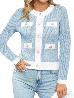 Langwyqu Womens Long Sleeve Button Down Cardigan Sweaters Cropped Open Front Tweed Jacket Fall Elegant Knit Tops