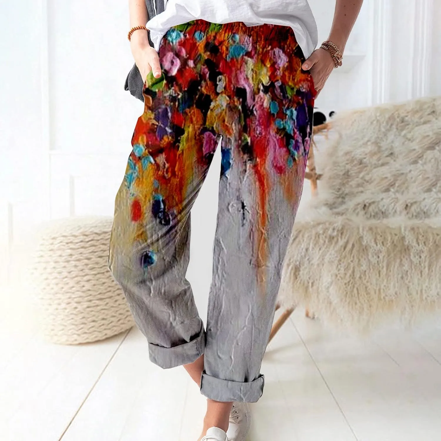 LCMTWX Linen Pants for Women Pants High Waisted Pant Smocked Pleated Loose Fit Casual Trousers Linen Pants Women Womens