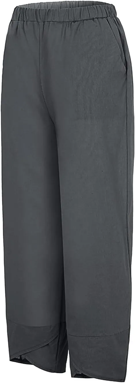 LCMTWX Womens Wide Leg Pants Summer Elastic High Waist Linen Pants Straight Leg Wide Leg Cropped Pants Cotton Pants Petite