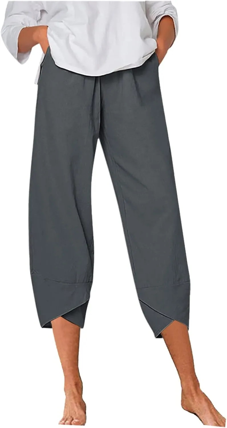 LCMTWX Womens Wide Leg Pants Summer Elastic High Waist Linen Pants Straight Leg Wide Leg Cropped Pants Cotton Pants Petite