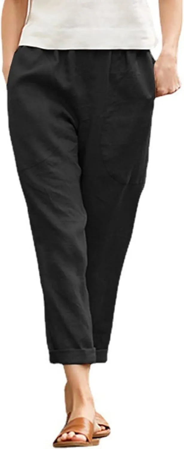LCMTWX Womens Wide Leg Pants Summer Elastic High Waist Linen Pants Straight Leg Wide Leg Cropped Pants Cotton Pants Petite