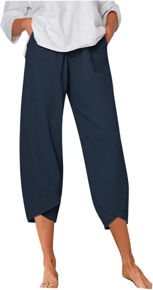 LCMTWX Womens Wide Leg Pants Summer Elastic High Waist Linen Pants Straight Leg Wide Leg Cropped Pants Cotton Pants Petite