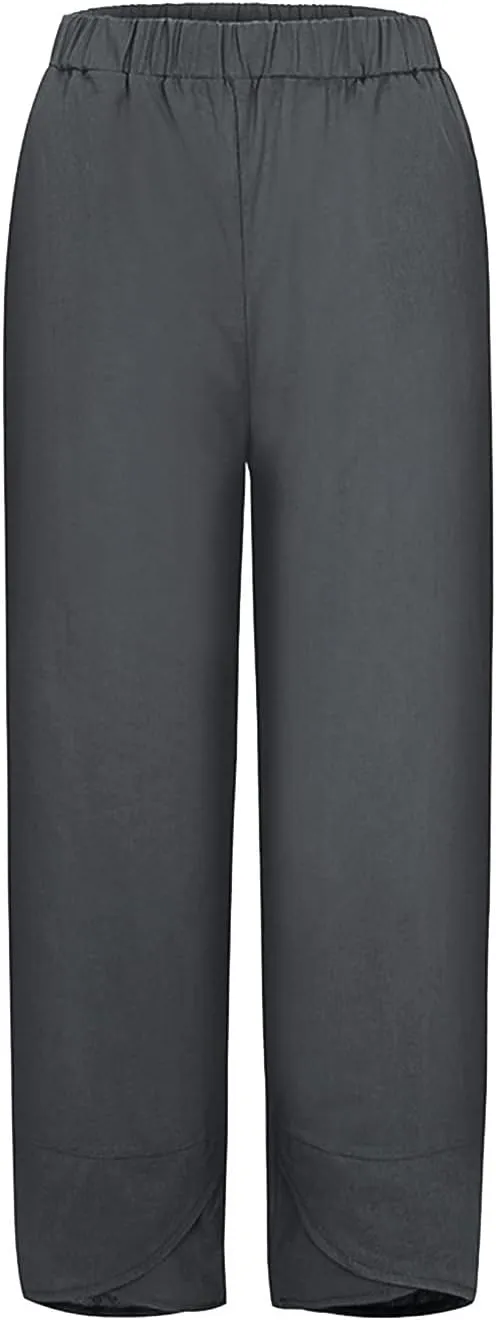 LCMTWX Womens Wide Leg Pants Summer Elastic High Waist Linen Pants Straight Leg Wide Leg Cropped Pants Cotton Pants Petite