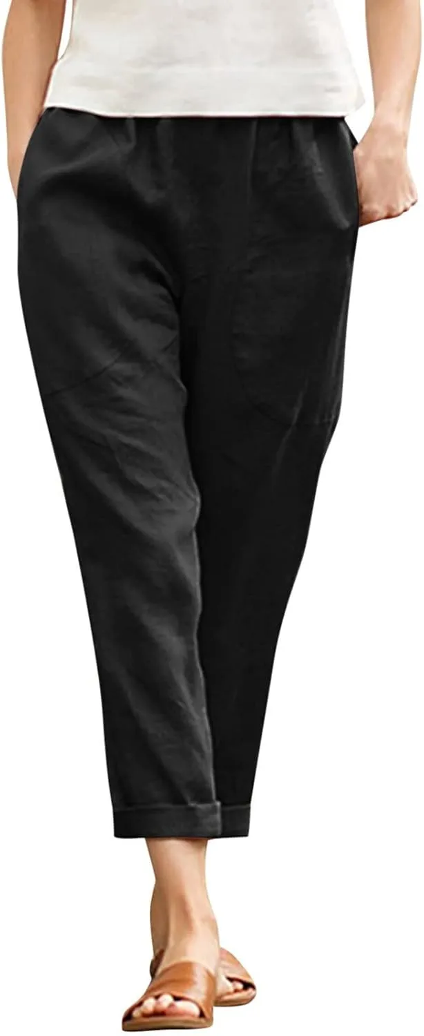 LCMTWX Womens Wide Leg Pants Summer Elastic High Waist Linen Pants Straight Leg Wide Leg Cropped Pants Cotton Pants Petite