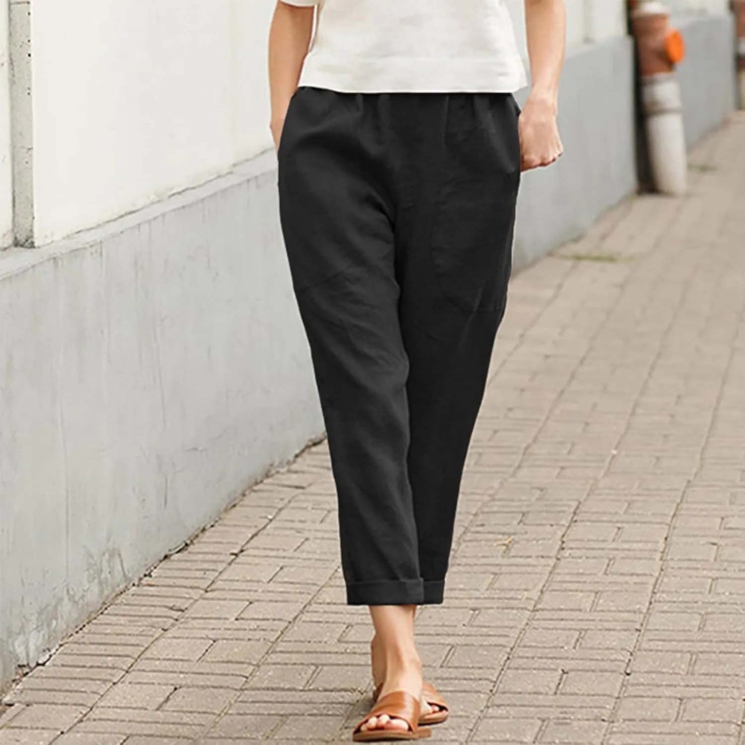 LCMTWX Womens Wide Leg Pants Summer Elastic High Waist Linen Pants Straight Leg Wide Leg Cropped Pants Cotton Pants Petite