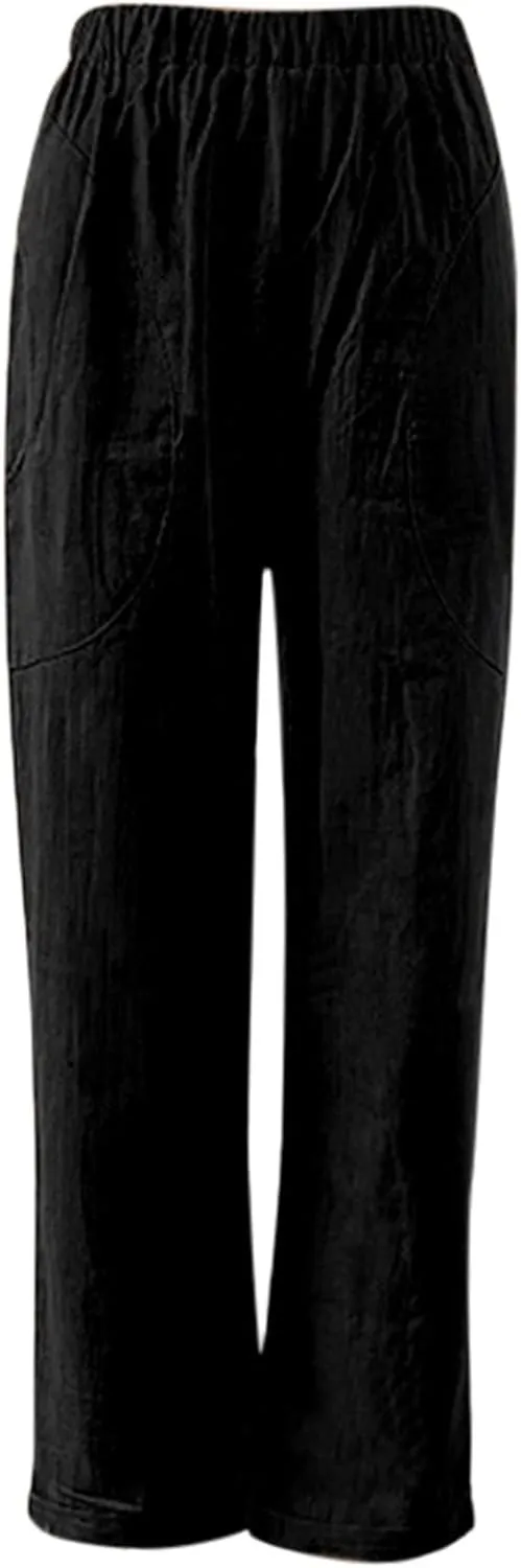 LCMTWX Womens Wide Leg Pants Summer Elastic High Waist Linen Pants Straight Leg Wide Leg Cropped Pants Cotton Pants Petite