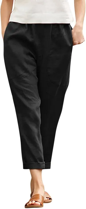 LCMTWX Womens Wide Leg Pants Summer Elastic High Waist Linen Pants Straight Leg Wide Leg Cropped Pants Cotton Pants Petite