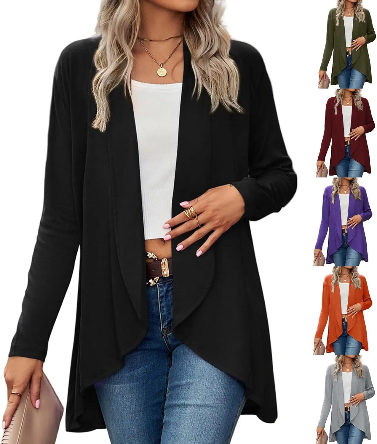 Lightweight Cardigan for Women Soft Drape Casual Open Front Dusters Soild Color Long Sleeve Cardigans