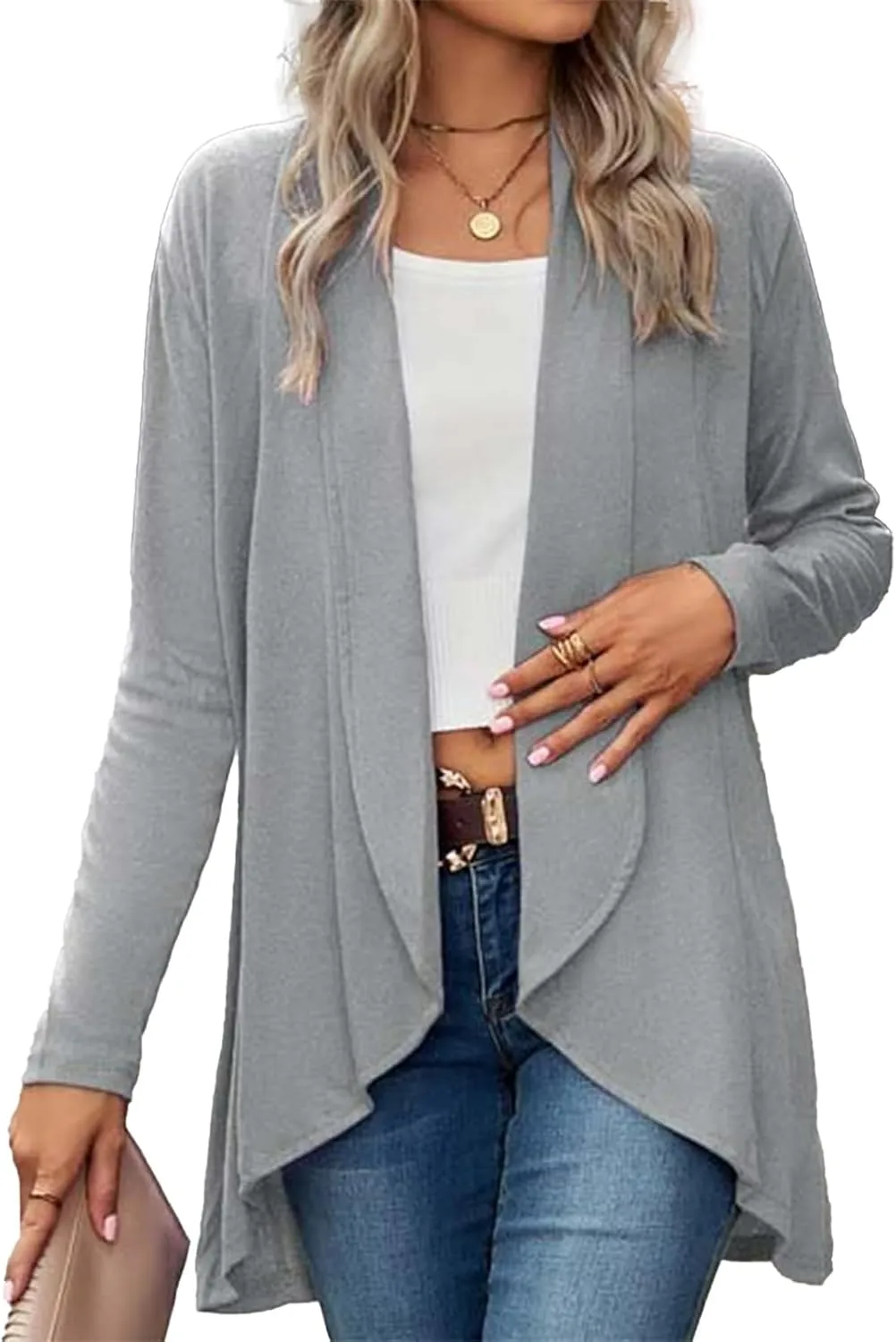 Lightweight Cardigan for Women Soft Drape Casual Open Front Dusters Soild Color Long Sleeve Cardigans