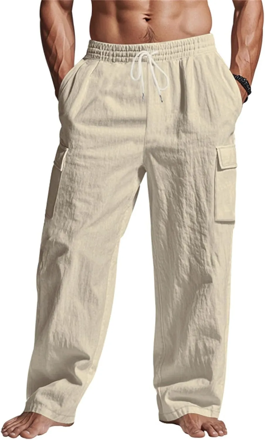 Linen Cargo Pants for Men Summer Casual Elastic Waist Pants with Pockets Relaxed Fit Beach Yoga Travel Lounge Pants