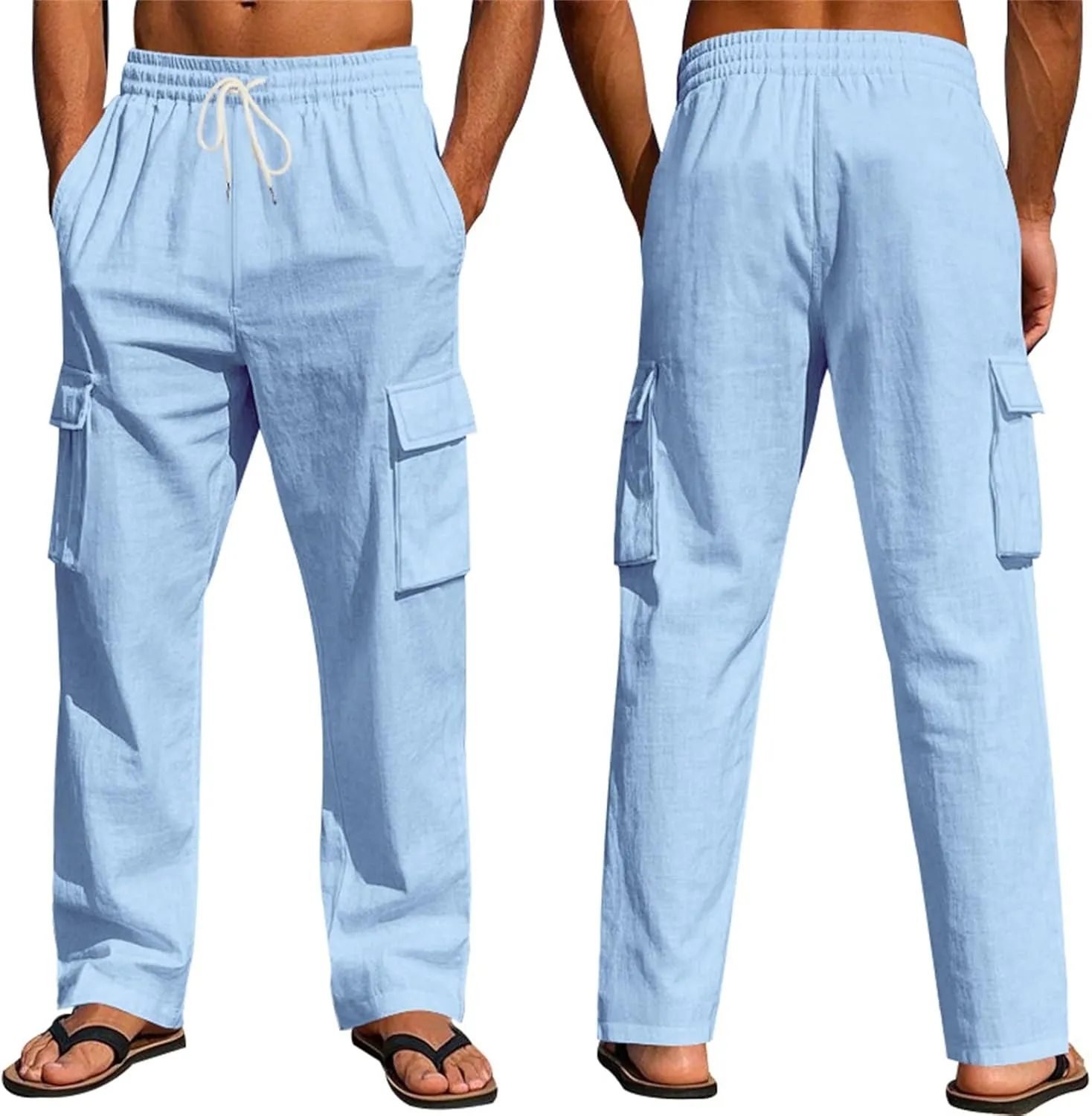 Linen Cargo Pants for Men Summer Casual Elastic Waist Pants with Pockets Relaxed Fit Beach Yoga Travel Lounge Pants