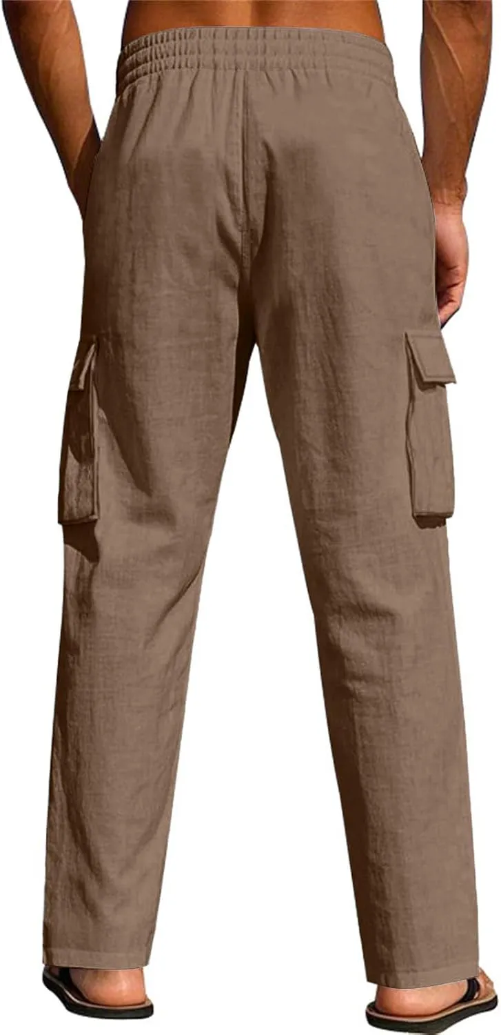 Linen Cargo Pants for Men Summer Casual Elastic Waist Pants with Pockets Relaxed Fit Beach Yoga Travel Lounge Pants