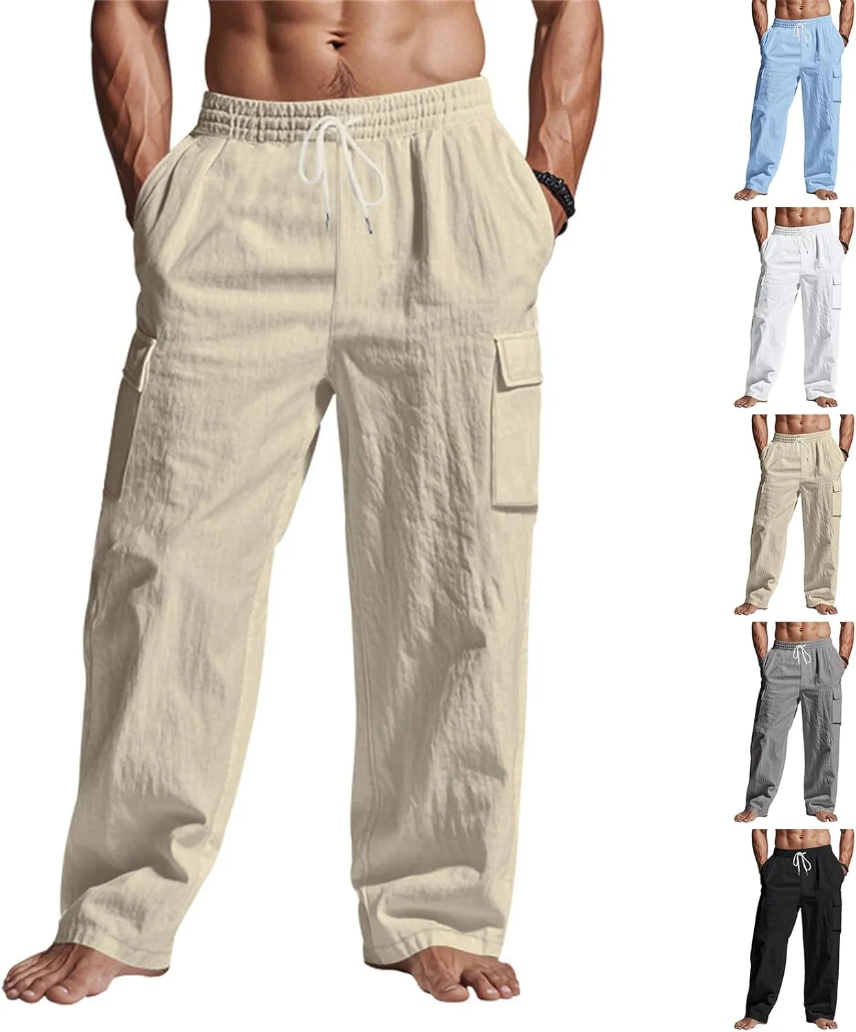 Linen Cargo Pants for Men Summer Casual Elastic Waist Pants with Pockets Relaxed Fit Beach Yoga Travel Lounge Pants