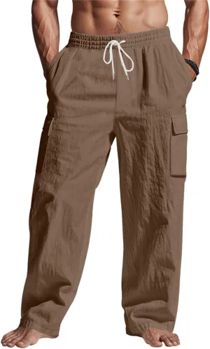 Linen Cargo Pants for Men Summer Casual Elastic Waist Pants with Pockets Relaxed Fit Beach Yoga Travel Lounge Pants