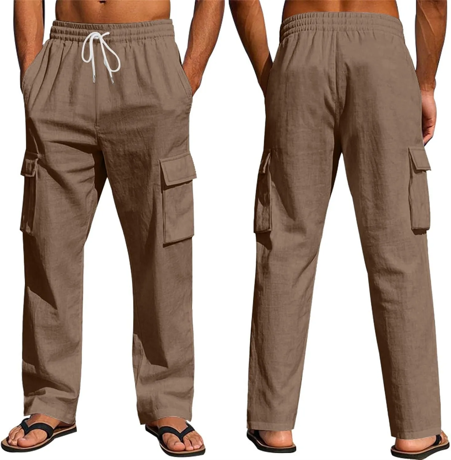 Linen Cargo Pants for Men Summer Casual Elastic Waist Pants with Pockets Relaxed Fit Beach Yoga Travel Lounge Pants