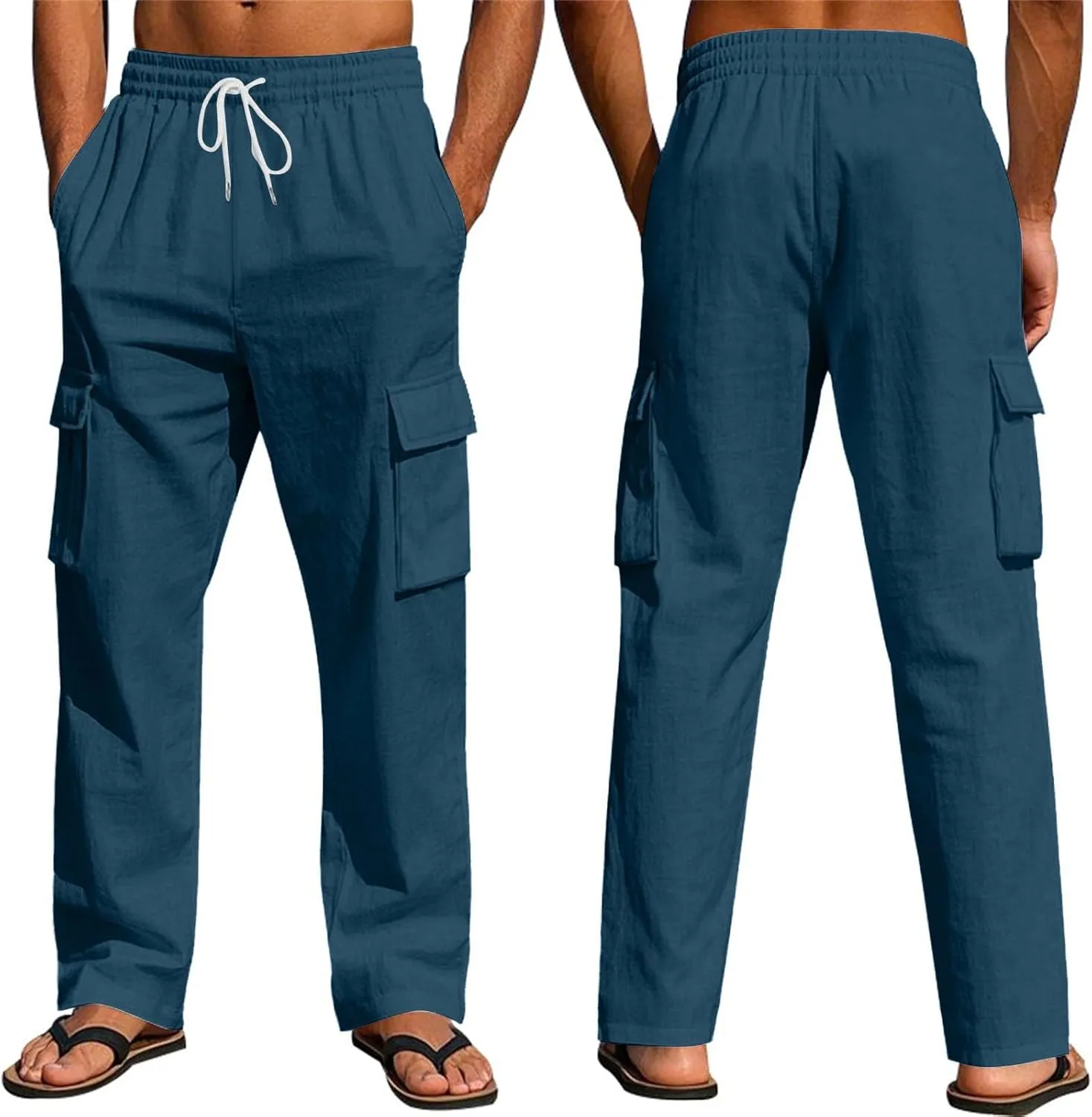 Linen Cargo Pants for Men Summer Casual Elastic Waist Pants with Pockets Relaxed Fit Beach Yoga Travel Lounge Pants