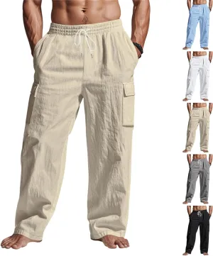 Linen Cargo Pants for Men Summer Casual Elastic Waist Pants with Pockets Relaxed Fit Beach Yoga Travel Lounge Pants