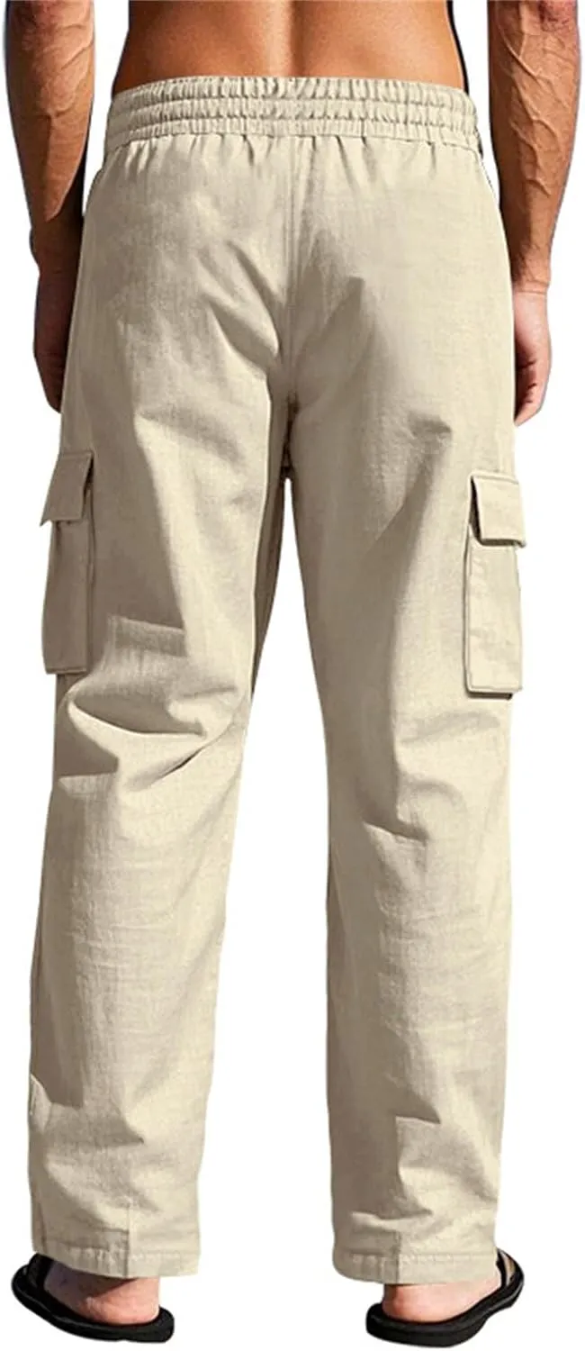 Linen Cargo Pants for Men Summer Casual Elastic Waist Pants with Pockets Relaxed Fit Beach Yoga Travel Lounge Pants