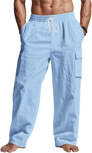 Linen Cargo Pants for Men Summer Casual Elastic Waist Pants with Pockets Relaxed Fit Beach Yoga Travel Lounge Pants
