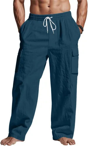 Linen Cargo Pants for Men Summer Casual Elastic Waist Pants with Pockets Relaxed Fit Beach Yoga Travel Lounge Pants
