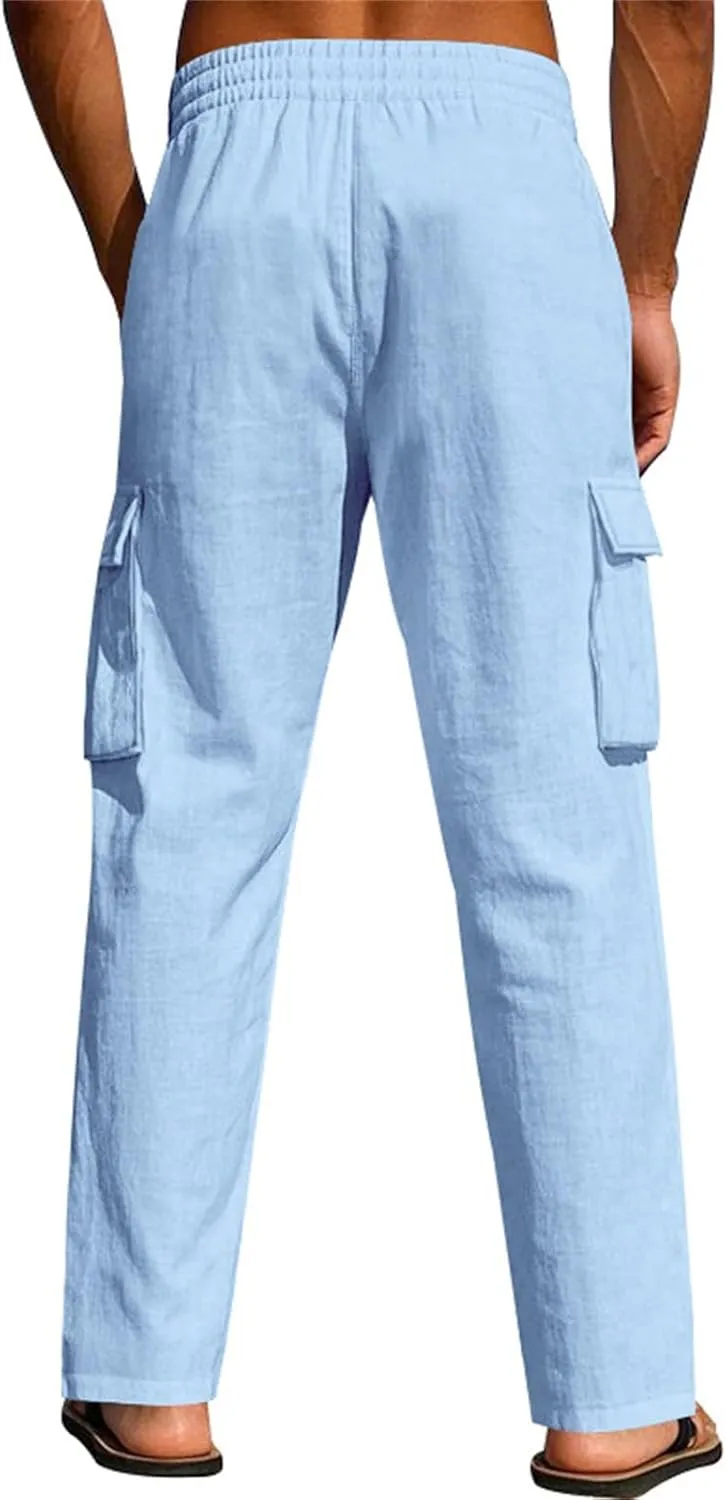 Linen Cargo Pants for Men Summer Casual Elastic Waist Pants with Pockets Relaxed Fit Beach Yoga Travel Lounge Pants