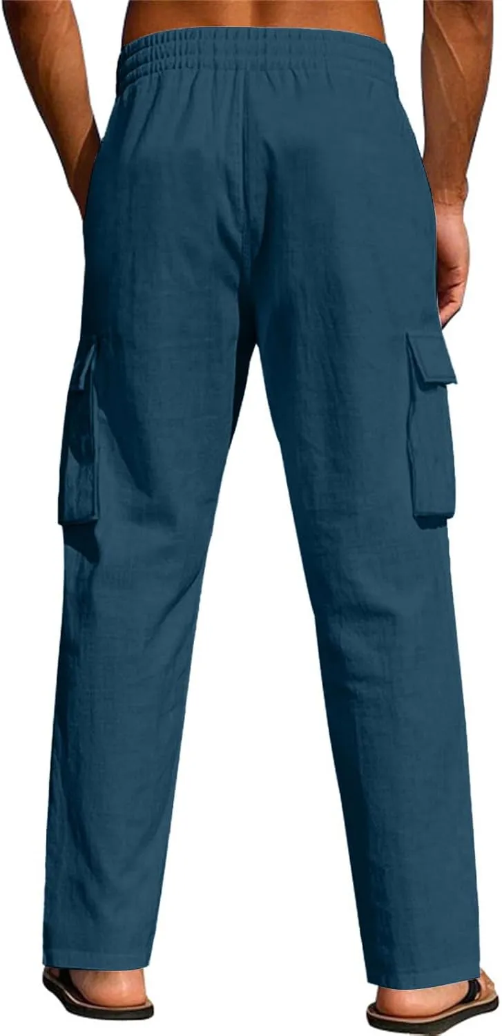 Linen Cargo Pants for Men Summer Casual Elastic Waist Pants with Pockets Relaxed Fit Beach Yoga Travel Lounge Pants