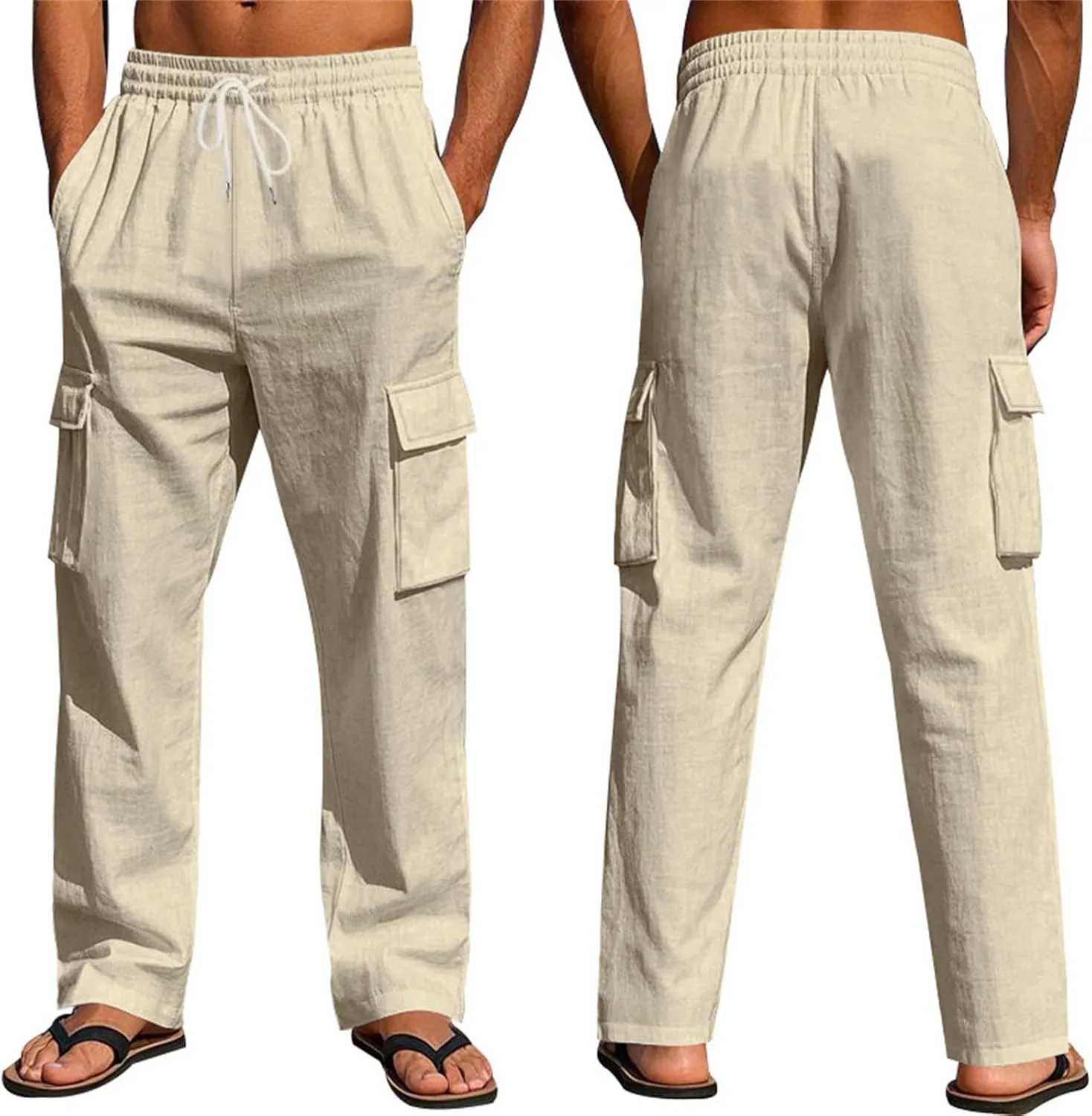 Linen Cargo Pants for Men Summer Casual Elastic Waist Pants with Pockets Relaxed Fit Beach Yoga Travel Lounge Pants