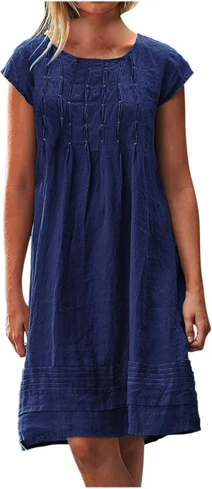 Linen Dress for Women Pleated Summer Dresses Round Neck Short Sleeve Sundress Beach Vacation Casual Mini Dress 2025