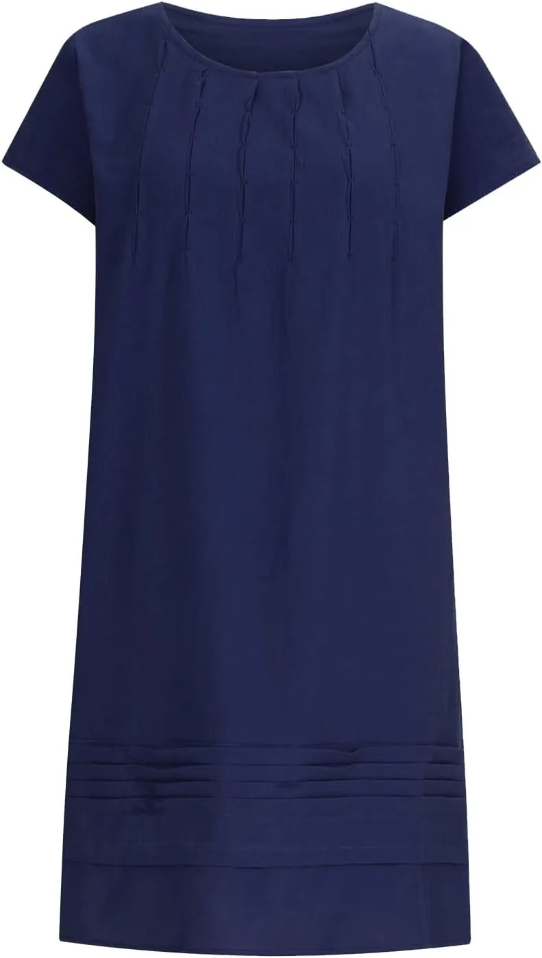 Linen Dress for Women Pleated Summer Dresses Round Neck Short Sleeve Sundress Beach Vacation Casual Mini Dress 2025