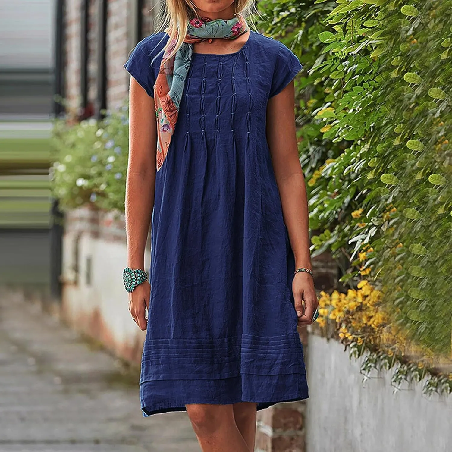Linen Dress for Women Pleated Summer Dresses Round Neck Short Sleeve Sundress Beach Vacation Casual Mini Dress 2025
