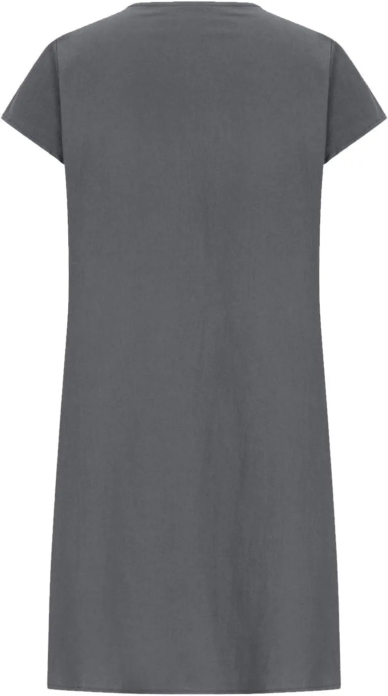 Linen Dress for Women Pleated Summer Dresses Round Neck Short Sleeve Sundress Beach Vacation Casual Mini Dress 2025