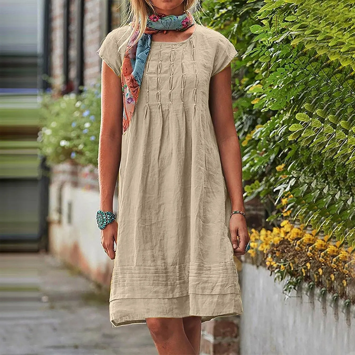 Linen Dress for Women Pleated Summer Dresses Round Neck Short Sleeve Sundress Beach Vacation Casual Mini Dress 2025