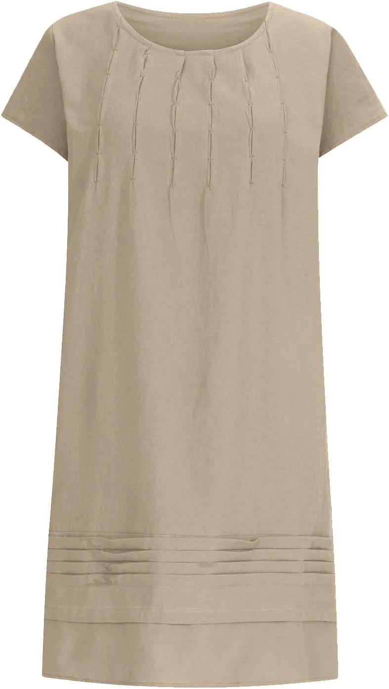 Linen Dress for Women Pleated Summer Dresses Round Neck Short Sleeve Sundress Beach Vacation Casual Mini Dress 2025