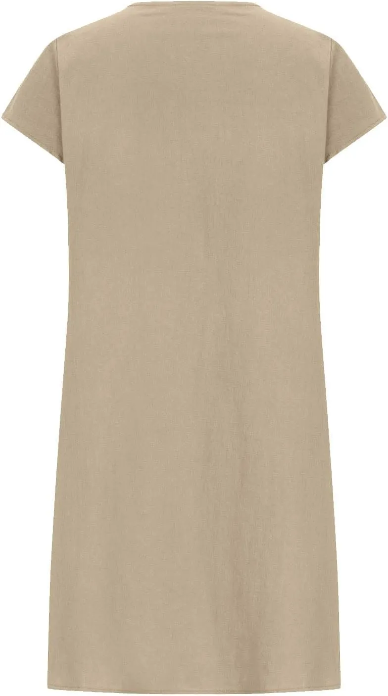 Linen Dress for Women Pleated Summer Dresses Round Neck Short Sleeve Sundress Beach Vacation Casual Mini Dress 2025