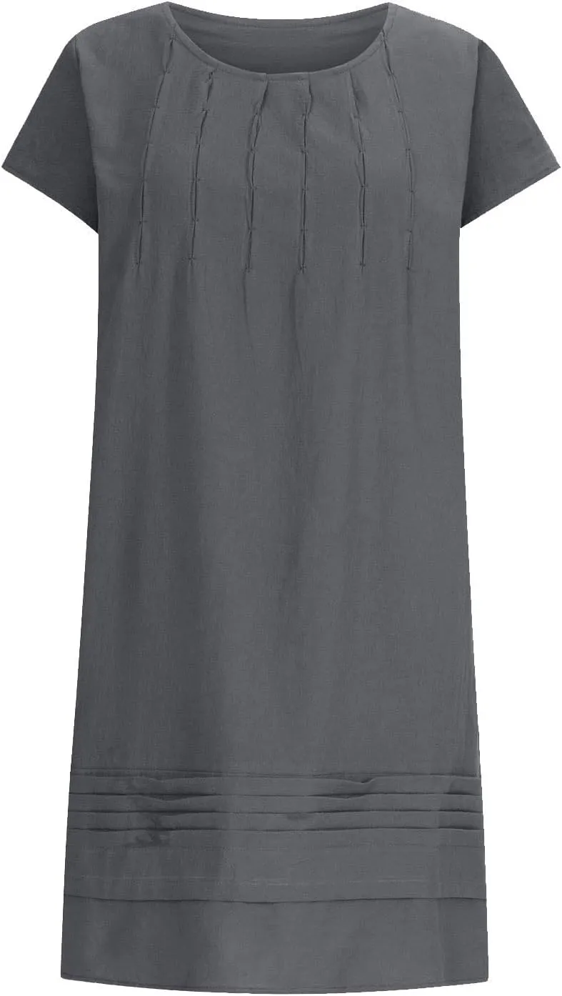 Linen Dress for Women Pleated Summer Dresses Round Neck Short Sleeve Sundress Beach Vacation Casual Mini Dress 2025