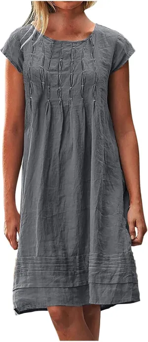 Linen Dress for Women Pleated Summer Dresses Round Neck Short Sleeve Sundress Beach Vacation Casual Mini Dress 2025