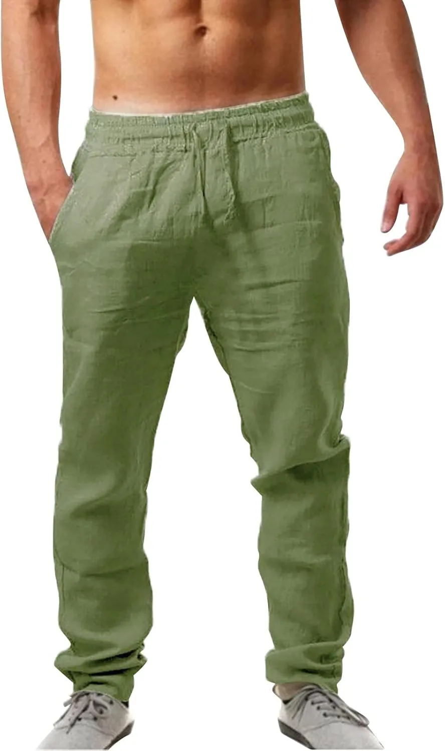 linen pants for men slim fit, elastic waist pants for men big and tall, Linen Pants for Men, Mens Casual Pants Elastic Waist Drawstring Trousers Straight Leg Pants Beach Pants with Pocket