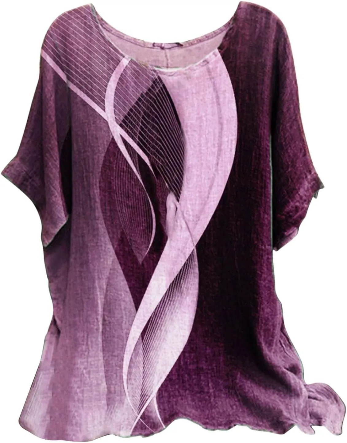 Linen Tops for Women Summer 2024 Plus Size Crewneck Short Sleeve T Shirts Loose Casual Fashion Printed Boho Blouses