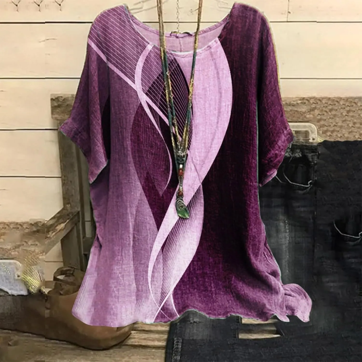 Linen Tops for Women Summer 2024 Plus Size Crewneck Short Sleeve T Shirts Loose Casual Fashion Printed Boho Blouses
